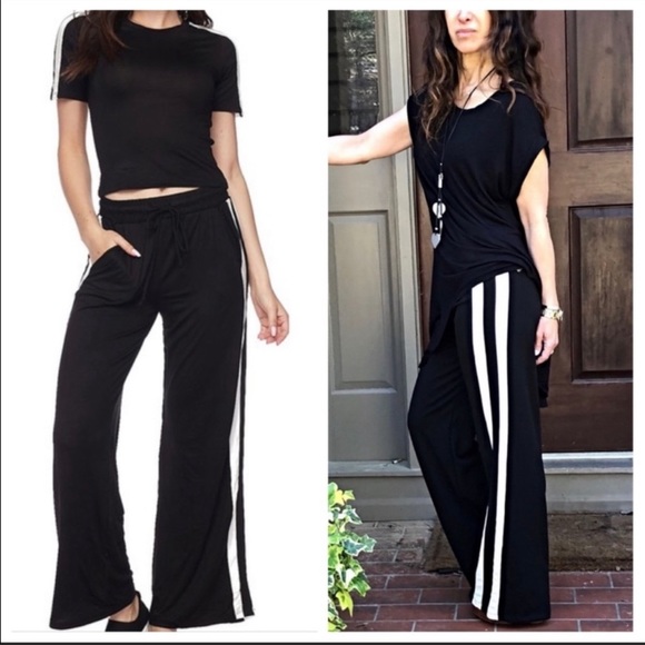 ShopEvelynne Pants - Black wide leg white side striped pants w/pockets
